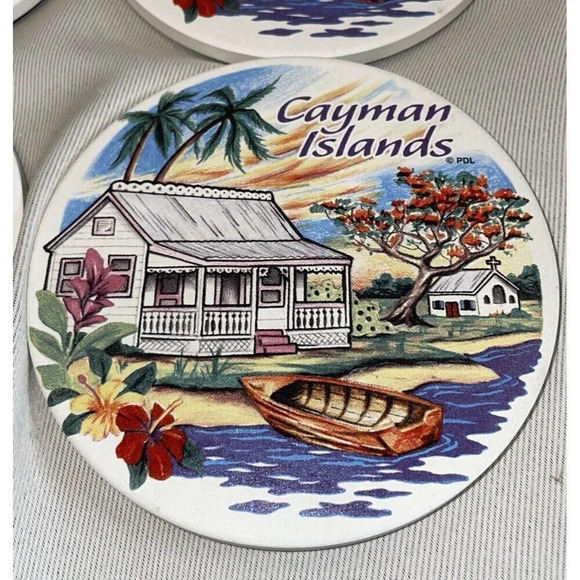 Cayman Islands Ceramic Round Coasters Set Of 4 House‎ Church Water Scene NEW 4” - Picture 2 of 4